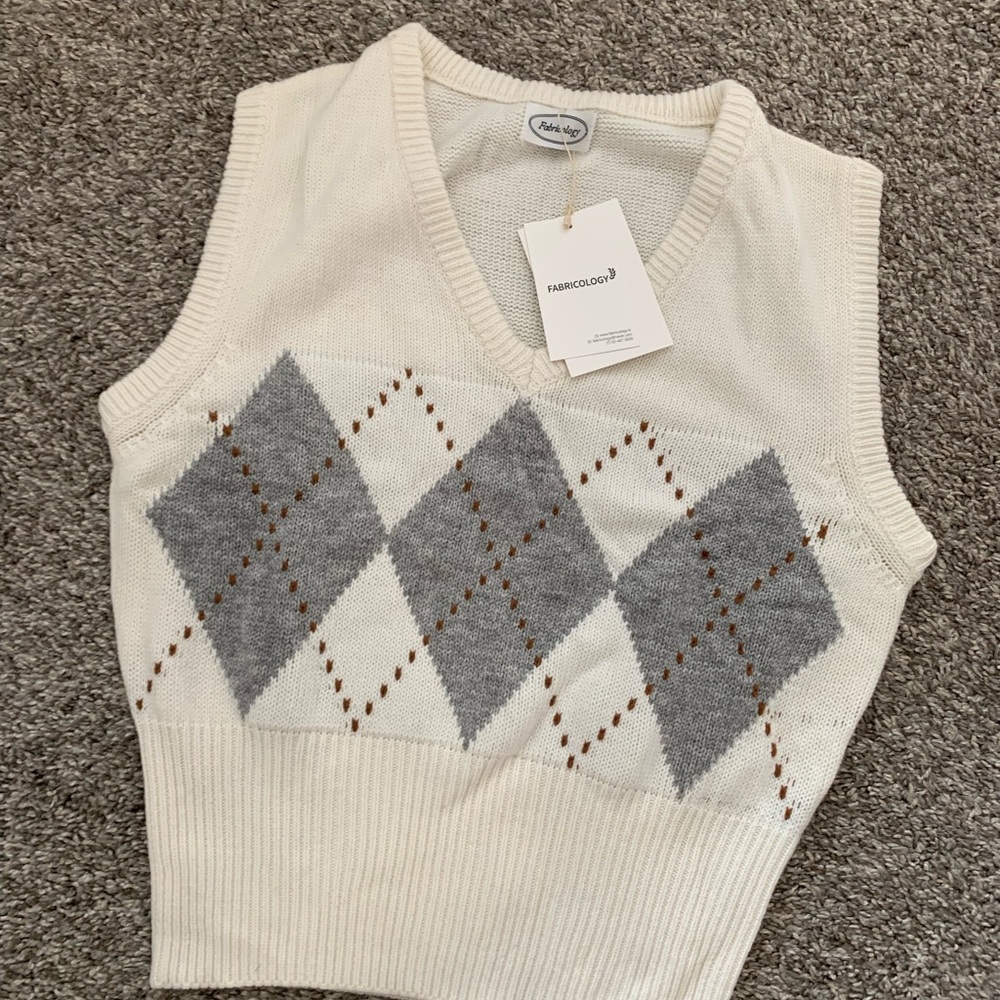 FABRICOLOGY Cream Argyle Knit Sweater Vest
